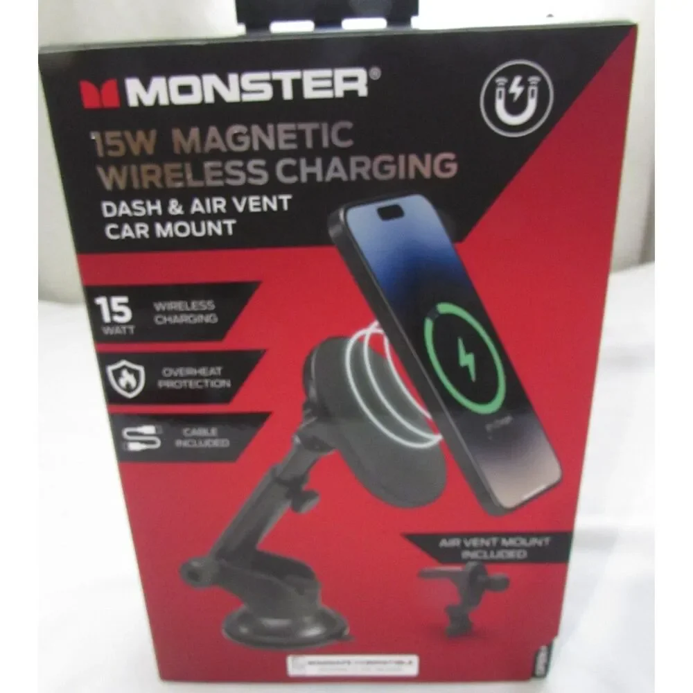Monster 15w magnetic wireless charging dash & vent mount new in box